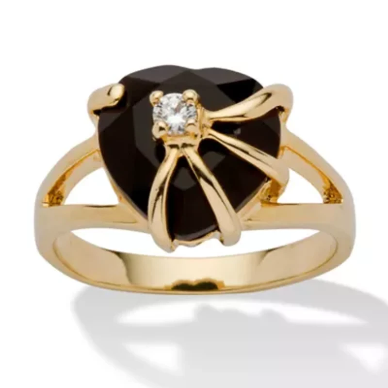 Heart-Shaped Genuine Onyx Cubic Zirconia Accent Gold-Plated Cocktail Ring