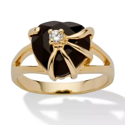 Heart-Shaped Genuine Onyx Cubic Zirconia Accent Gold-Plated Cocktail Ring