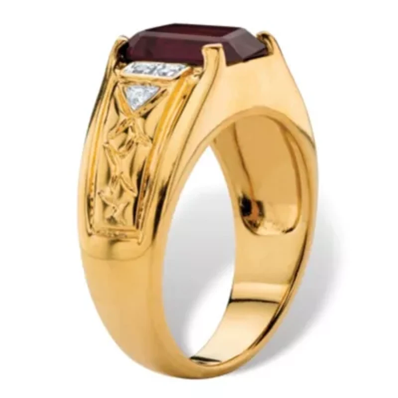 Men's 3.55 TCW Genuine Garnet and Diamond Accent 18k Gold-Plated Etched Ring