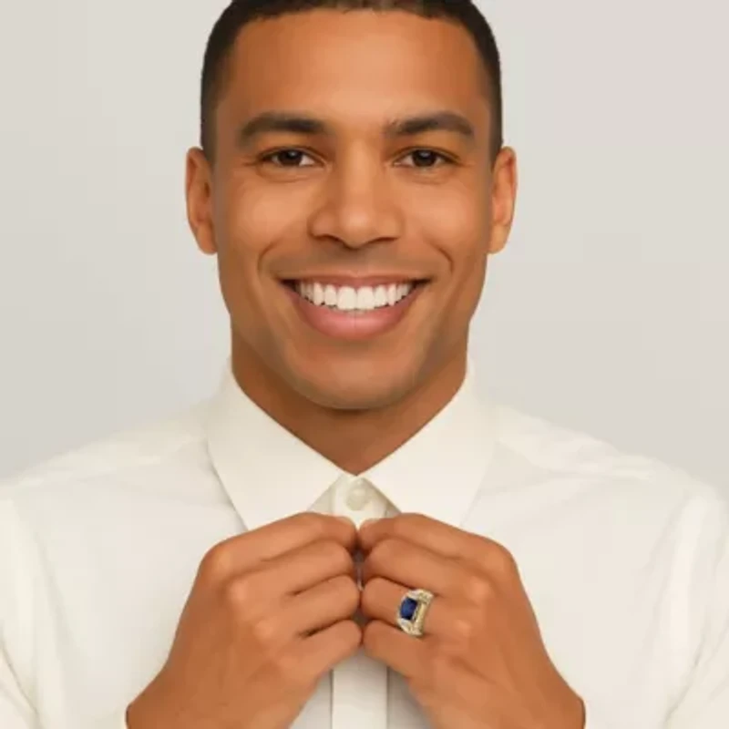 Lab Created Men's 2.77 TCW Blue Sapphire and Diamond Accent 18k Gold-Plated Ring