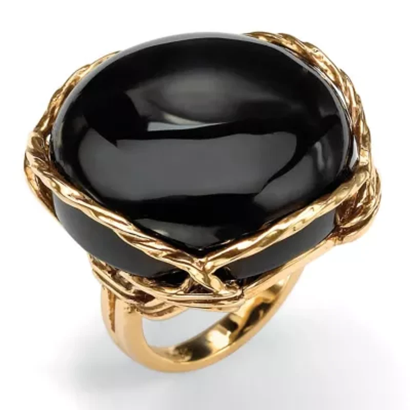 Cabochon-Shaped Genuine Black Onyx Yellow Gold-Plated Pillow Ring