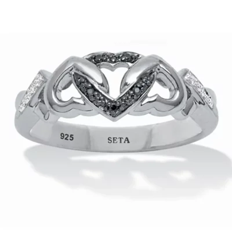 Black and White Diamond Interlocking Hearts Platinum-plated Sterling Silver Ring