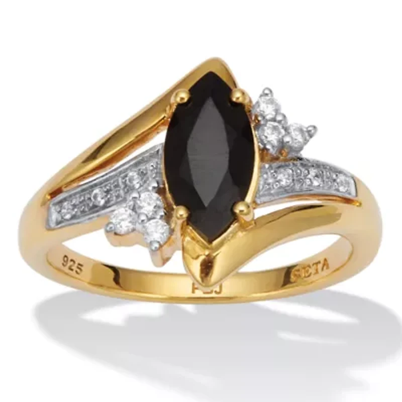 .12 TCW Marquise Cut Onyx and CZ 18k Gold-plated Sterling Silver Ring