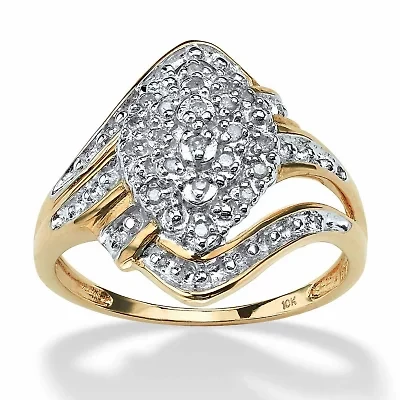 1/10 TCW Round Diamond Swirled Cluster Ring Solid 10k Gold