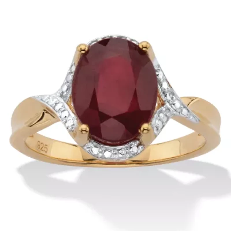 3.15 Cttw. Oval Cut Red Ruby 14k Gold-Plated Silver Two Tone Halo Ring