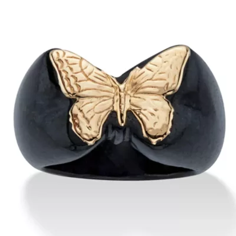 Genuine Black Jade Solid 10k Yellow Gold Butterfly Ring