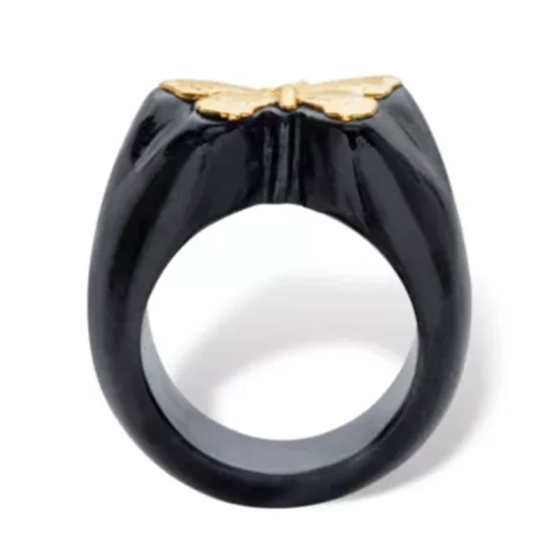 Genuine Black Jade Solid 10k Yellow Gold Butterfly Ring
