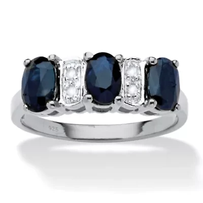 1.86 TCW Oval-Cut Genuine Blue Sapphire & Diamond Platinum Plated Silver Ring