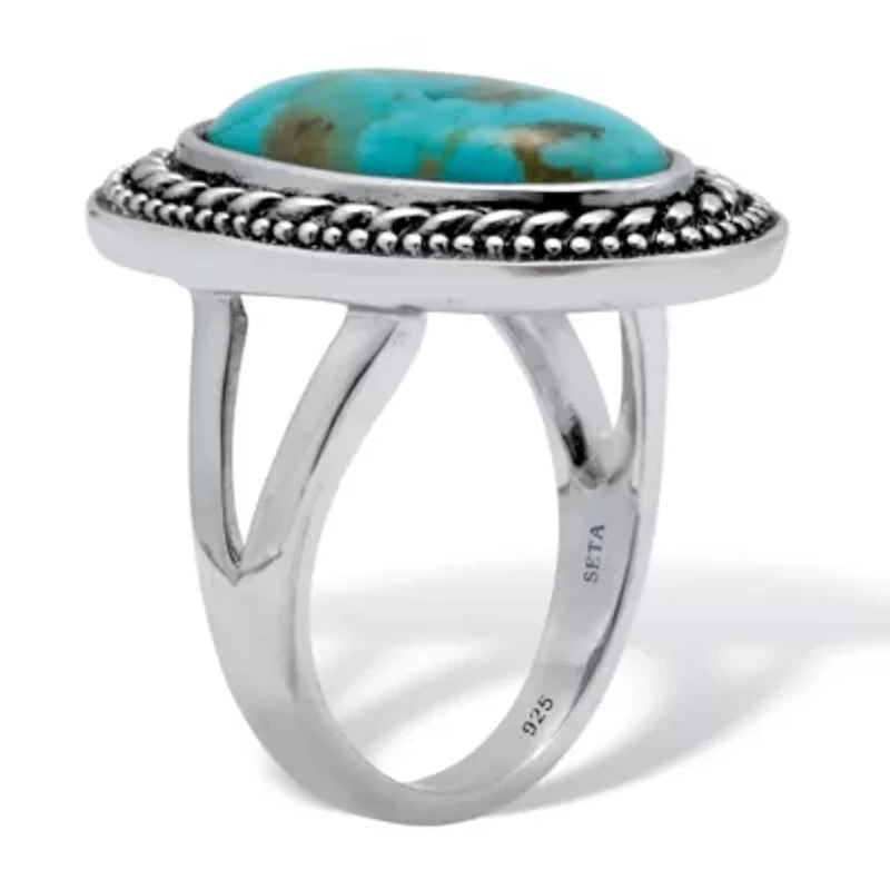 Genuine Blue Turquoise Sterling Silver Bohemian Style Cabochon Ring