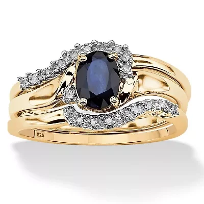 1.05 TCW 3 Piece Oval-Cut Midnight Sapphire Ring Set 18k Gold-Plated Silver