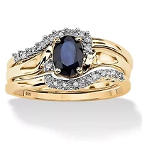 1.05 TCW 3 Piece Oval-Cut Midnight Sapphire Ring Set 18k Gold-Plated Silver
