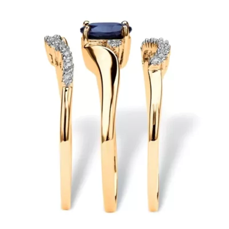 1.05 TCW 3 Piece Oval-Cut Midnight Sapphire Ring Set 18k Gold-Plated Silver