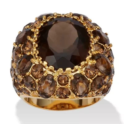13.36 TCW Oval-Cut Genuine Smoky Quartz Crystal Yellow Gold-Plated Ring