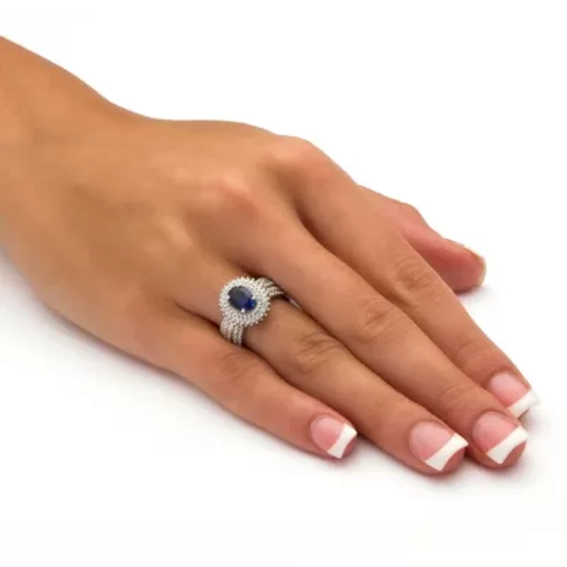 Lab Created 2.18 TCW Oval-Cut Blue Sapphire Platinum-plated Sterling Silver Halo Ring