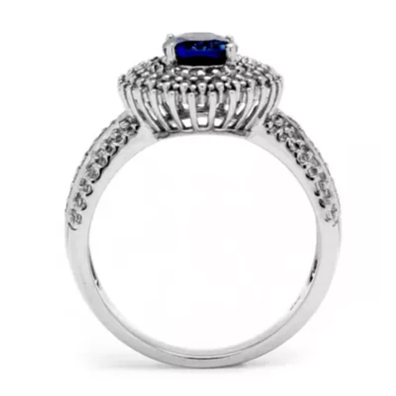 Lab Created 2.18 TCW Oval-Cut Blue Sapphire Platinum-plated Sterling Silver Halo Ring