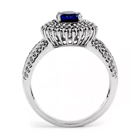 Lab Created 2.18 TCW Oval-Cut Blue Sapphire Platinum-plated Sterling Silver Halo Ring