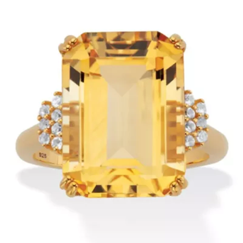 15.92 Cttw. Emerald Cut Citrine and White Topaz 18k Gold-Plated Silver Ring