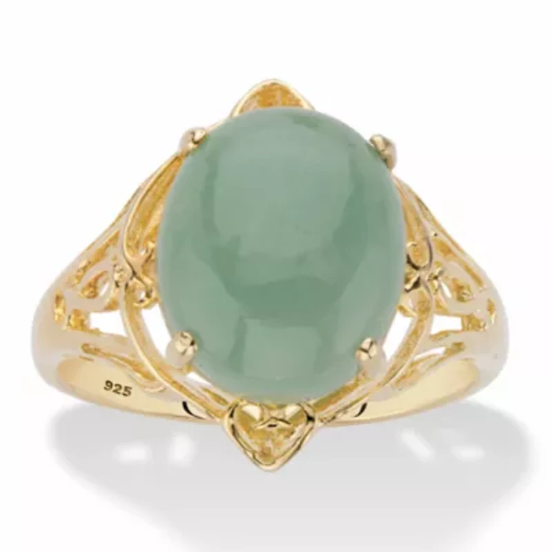 Oval Genuine Green Jade 14k Gold-plated Sterling Silver Scrolled Cabochon Ring