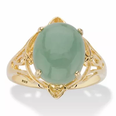 Oval Genuine Green Jade 14k Gold-plated Sterling Silver Scrolled Cabochon Ring