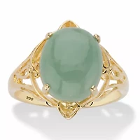 Oval Genuine Green Jade 14k Gold-plated Sterling Silver Scrolled Cabochon Ring
