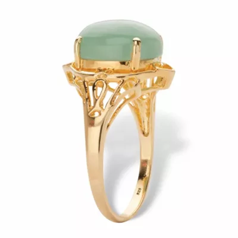 Oval Genuine Green Jade 14k Gold-plated Sterling Silver Scrolled Cabochon Ring