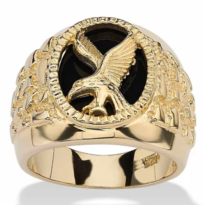Men's Oval-Shaped Genuine Onyx 14k Gold-plated Sterling Silver Eagle Ring