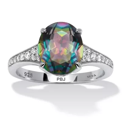 4.70 TCW Oval Cut Genuine Mystic Fire Topaz and CZ Sterling Silver Ring