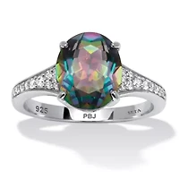 4.70 TCW Oval Cut Genuine Mystic Fire Topaz and CZ Sterling Silver Ring