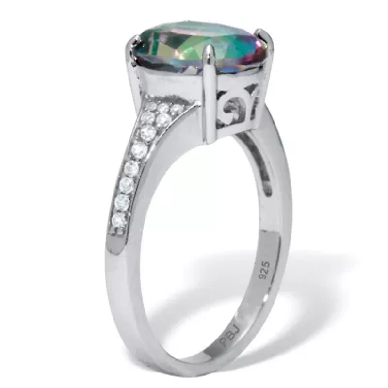 4.70 TCW Oval Cut Genuine Mystic Fire Topaz and CZ Sterling Silver Ring