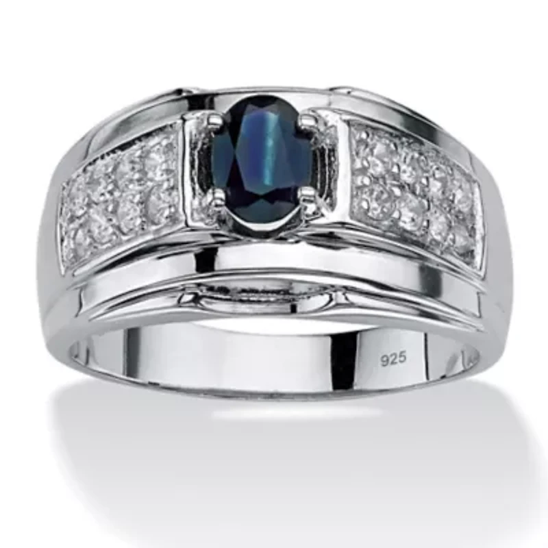 Men's 1.53 TCW Genuine Sapphire and CZ Ring Sterling Silver