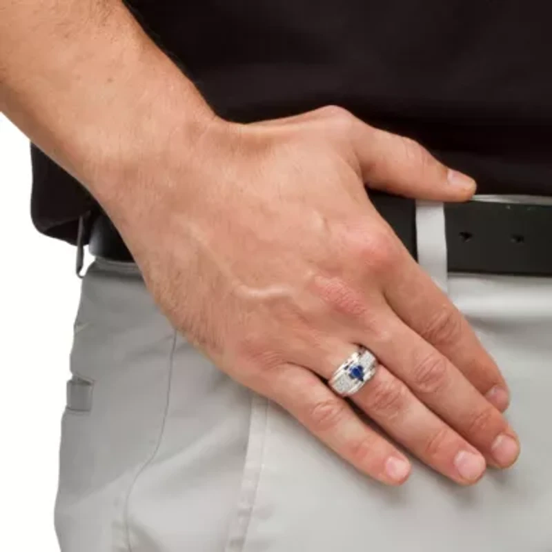 Men's 1.53 TCW Genuine Sapphire and CZ Ring Sterling Silver