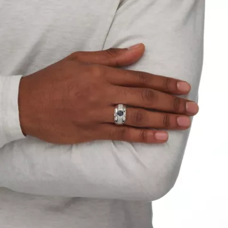 Men's 1.53 TCW Genuine Sapphire and CZ Ring Sterling Silver