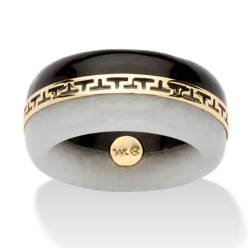 Round Black and White Jade 14k Yellow Gold "Greek Key" Ring
