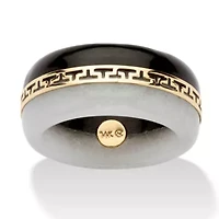 Round Black and White Jade 14k Yellow Gold "Greek Key" Ring