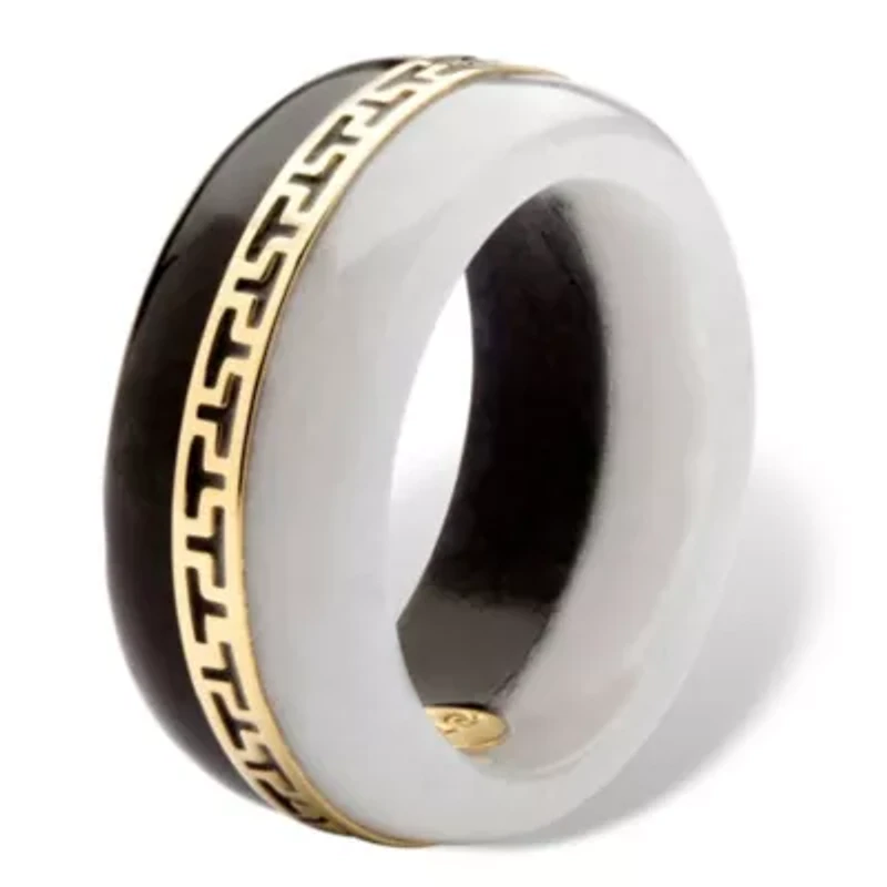 Round Black and White Jade 14k Yellow Gold "Greek Key" Ring