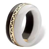 Round Black and White Jade 14k Yellow Gold "Greek Key" Ring