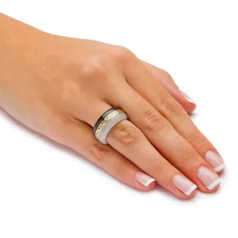 Round Black and White Jade 14k Yellow Gold "Greek Key" Ring