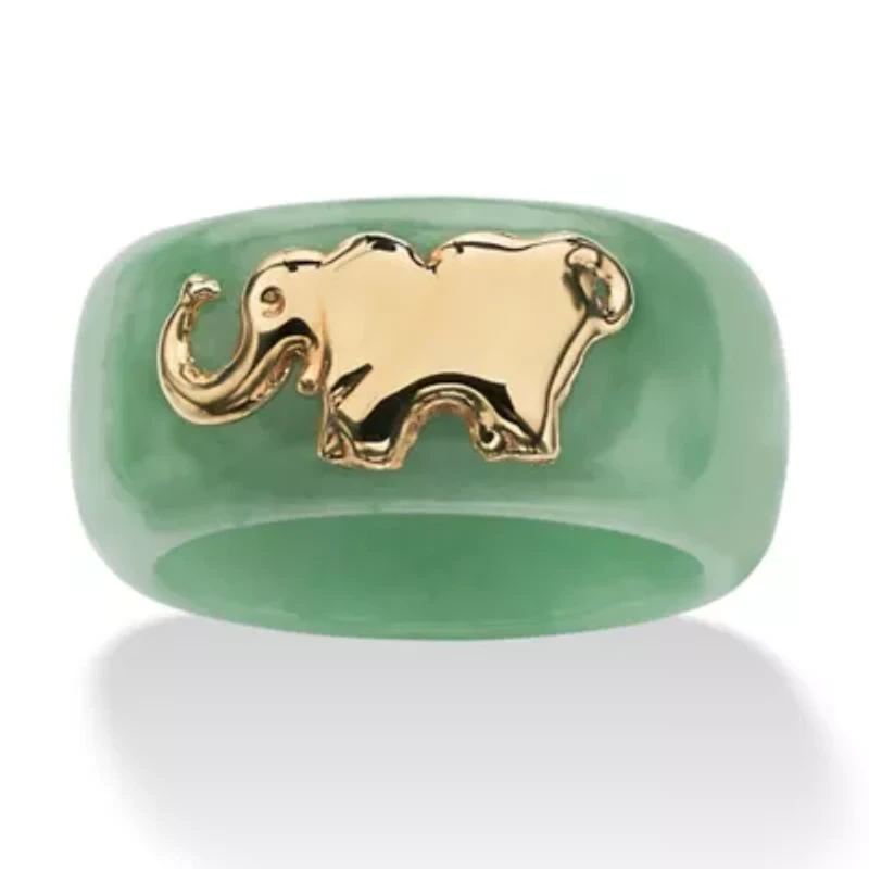Round Green Jade 10k Yellow Gold Elephant Ring Band