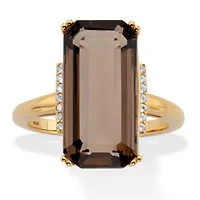11.64 Cttw. Emerald Cut Smoky and White Quartz 18k Gold-Plated Silver Ring