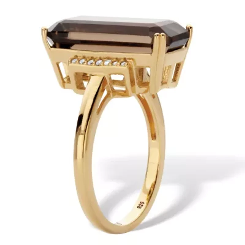 11.64 Cttw. Emerald Cut Smoky and White Quartz 18k Gold-Plated Silver Ring