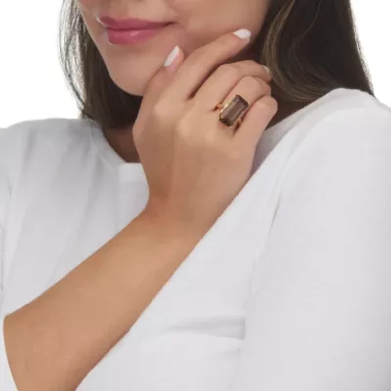 11.64 Cttw. Emerald Cut Smoky and White Quartz 18k Gold-Plated Silver Ring