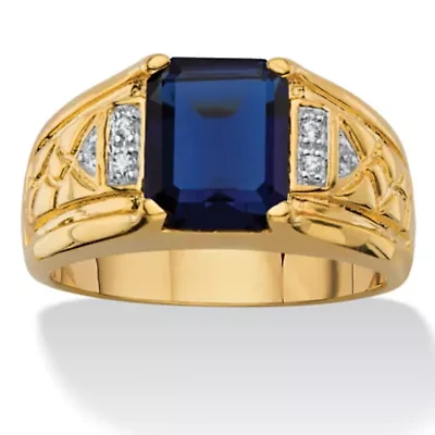 Lab Created Men's Blue Sapphire Diamond Accent 18k Gold-Plated Etched Ring