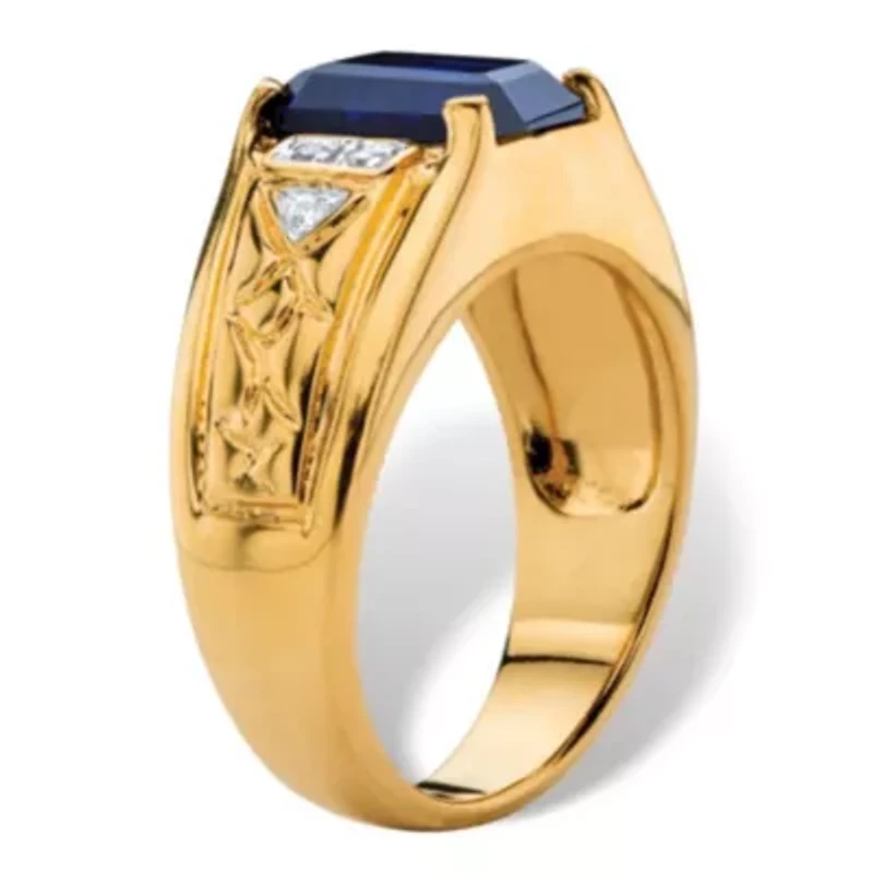 Lab Created Men's Blue Sapphire Diamond Accent 18k Gold-Plated Etched Ring