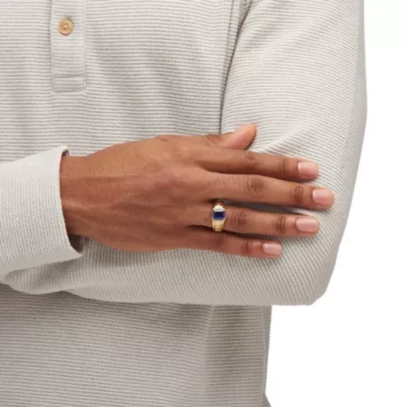 Lab Created Men's Blue Sapphire Diamond Accent 18k Gold-Plated Etched Ring