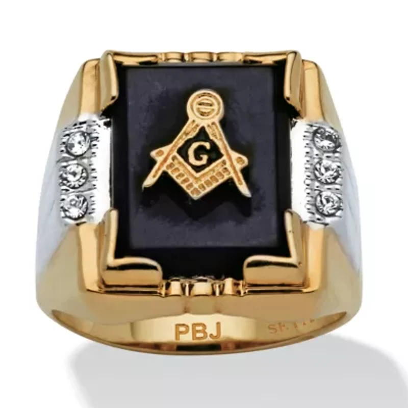 Men's Genuine Onyx and Crystal Two-Tone Masonic Ring Gold-Plated Sizes 8-16