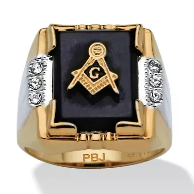 Men's Genuine Onyx and Crystal Two-Tone Masonic Ring Gold-Plated Sizes 8-16