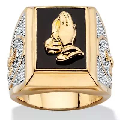 Men's Emerald-Cut Genuine Black Onyx Gold-Plated Praying Hands Two-Tone Ring
