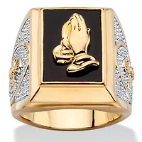 Men's Emerald-Cut Genuine Black Onyx Gold-Plated Praying Hands Two-Tone Ring