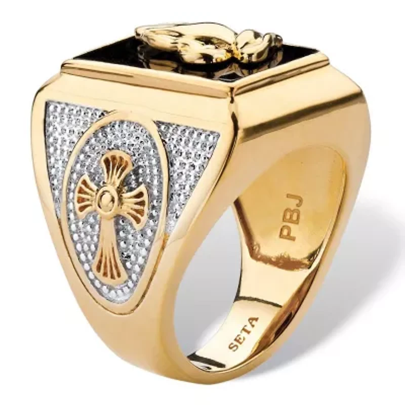 Men's Emerald-Cut Genuine Black Onyx Gold-Plated Praying Hands Two-Tone Ring