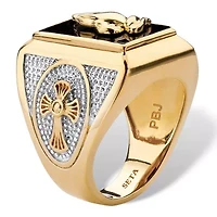 Men's Emerald-Cut Genuine Black Onyx Gold-Plated Praying Hands Two-Tone Ring